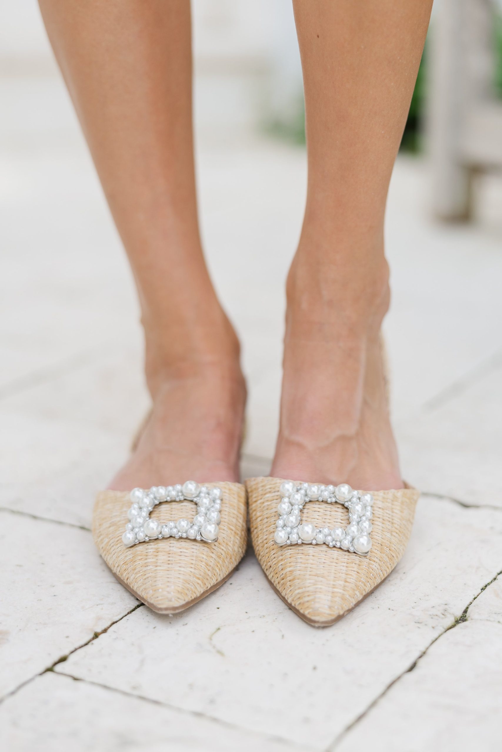 See You There Tan Raffia Pearl Slingback Flats - Image 2